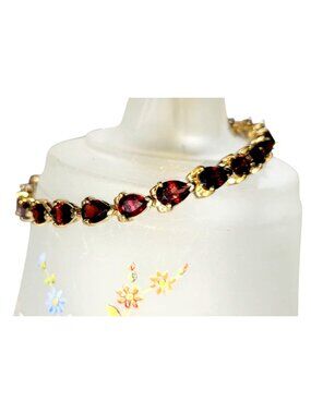 Vintage Pear-Shaped Garnet Tennis Bracelet 925 January Birthstone 7" Gold-Tone